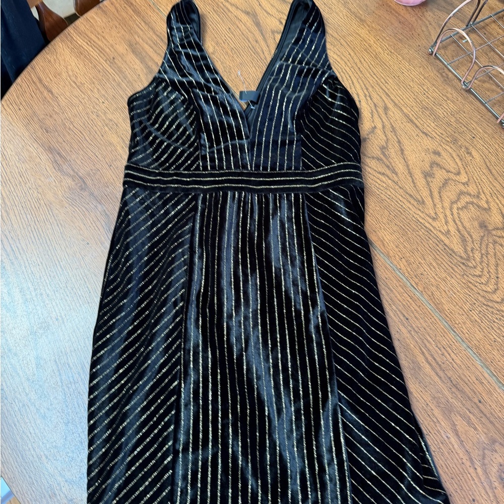 Windsor Black Velvet Midi Dress with Gold Stripes